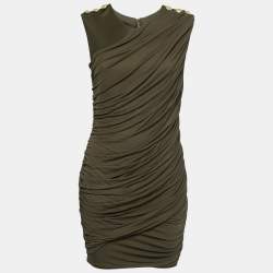 Pre Owned Balmain Olive Green Stretch Knit Ruched Mini Dress M