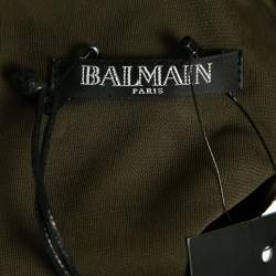 Pre Owned Balmain Olive Green Stretch Knit Ruched Mini Dress M
