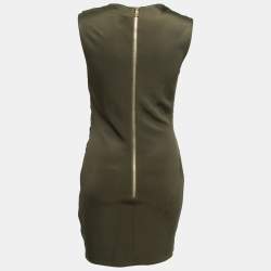 Pre Owned Balmain Olive Green Stretch Knit Ruched Mini Dress M
