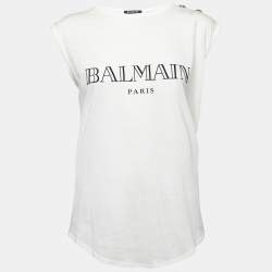 Balmain Cream Logo Print Jersey Button Detail T-Shirt M