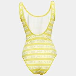 Balmain Yellow Logo Print Striped Nylon Swimsuit M