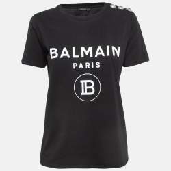 Balmain Black Logo Print Cotton Button Embellished T-Shirt S