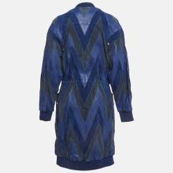 Balmain Blue Suede and Leather Long Zip-Up Jacket M
