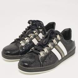 Balmain Black/White Leather and Sequins Lace Up Sneakers Size 38