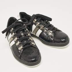 Balmain Black/White Leather and Sequins Lace Up Sneakers Size 38