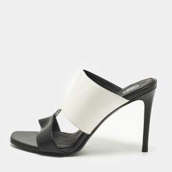 مملوكة مسبقًا Balmain Size 39 Black/White Leather Slide Sandals