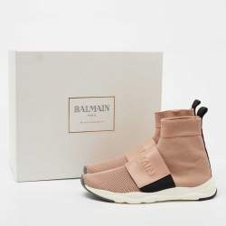 Pre Owned Balmain Pink Knit Fabric Cameron Sock Sneakers Size 39