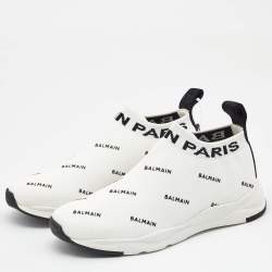 Balmain White/Black Knit Fabric Sock Knit Logo High Top Sneakers Size 37