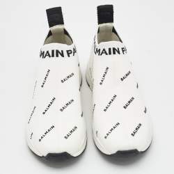 Balmain White/Black Knit Fabric Sock Knit Logo High Top Sneakers Size 37