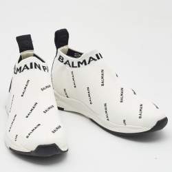 Balmain White/Black Knit Fabric Sock Knit Logo High Top Sneakers Size 37