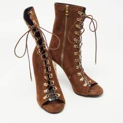 Balmain Brown Suede Lace Up Ankle Boots Size 38.5