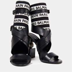 Balmain Leather and Logo Stretch Fabric High Heel Sandals 38.5