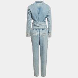 Pre Owned Balmain Paris Blue Denim Belted Jumpsuit L