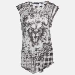 Balmain Grey Printed Linen Knit Sleeveless Top M