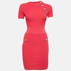 Balmain Pink Rib Knit Button Embellished Skirt Set S