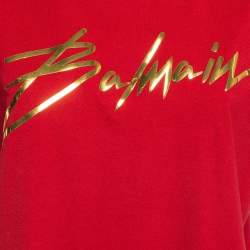 Pre Owned Balmain Red Foil Logo Printed Cotton T-Shirt M