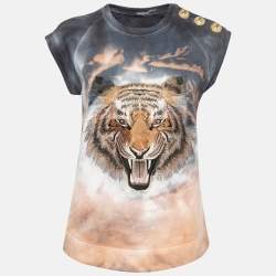 Pre Owned Balmain Multicolor Tiger Embroidered Dyed Cotton T-Shirt S