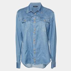Pre Owned Balmain Light Blue Denim Gold Button Detail Long Sleeve Shirt L