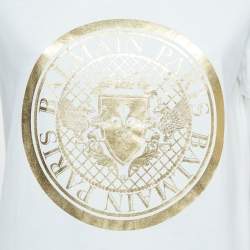Pre Owned Balmain White/Golden Logo Print Cotton Jersey T-Shirt S