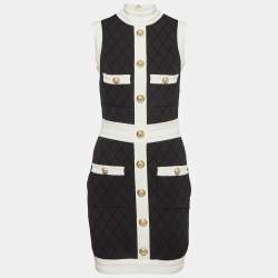 Balmain Black Patterned Jersey Detailed Button Mini Dress M