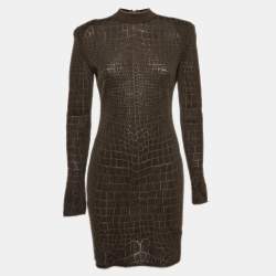 Balmain Brown Crocodile Patterned Jersey Fitted Mini Dress L