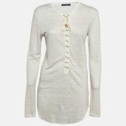 Balmain Off-White Linen Knit Lace-Up Top M