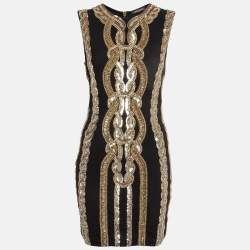 Balmain Black/ Gold Sequin and Crystal Embellished Mesh Mini Dress M