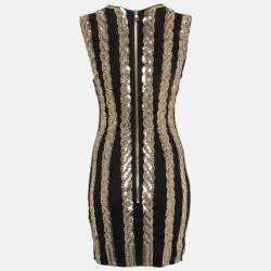 Balmain Black/ Gold Sequin and Crystal Embellished Mesh Mini Dress M