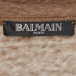 Balmain Brown Stretch Linen Jersey Rolled Sleeve T-Shirt S