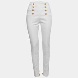 Balmain White Denim Button Embellished High Waist Pants L