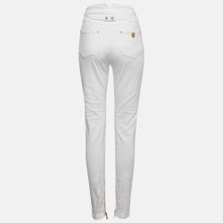Balmain White Denim Button Embellished High Waist Pants L