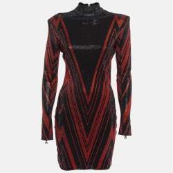 Balmain Black/Red Chevron Patterned Crystal Embellished Jersey Mini Dress M