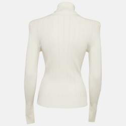 Balmain White Rib Knit Structured Shoulders Turtleneck Sweater M