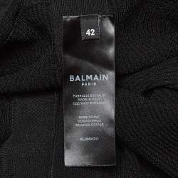 Pre Owned Balmain Black Pinhole Patterned Knit Zip-Up Full Sleeves Bodycon Dress L