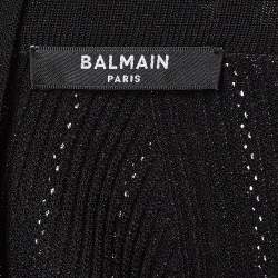 Pre Owned Balmain Black Pinhole Patterned Knit Zip-Up Full Sleeves Bodycon Dress L