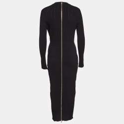 Pre Owned Balmain Black Pinhole Patterned Knit Zip-Up Full Sleeves Bodycon Dress L
