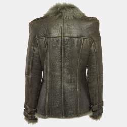 Pre Owned Balmain Green Genuine Leather Double Breasted Fur Collar Jacket L