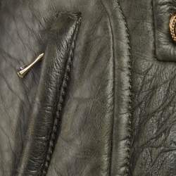 Pre Owned Balmain Green Genuine Leather Double Breasted Fur Collar Jacket L