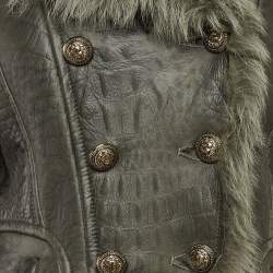 Pre Owned Balmain Green Genuine Leather Double Breasted Fur Collar Jacket L
