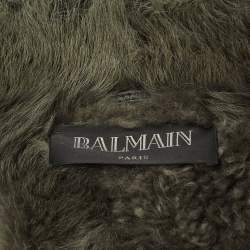 Pre Owned Balmain Green Genuine Leather Double Breasted Fur Collar Jacket L