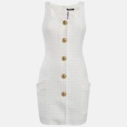 Pre Owned Balmain White Bouclé Tweed Button Detail Mini Dress S
