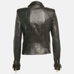 Pre Owned Balmain Black Leather Zip-Up Biker Jacket M