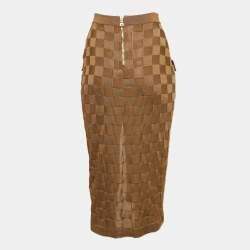 Pre Owned Balmain Brown Woven Patterned Jersey Pocket Detail Midi Skirt S