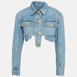 Balmain Blue Distressed Denim Raw Edge Crop Jacket S