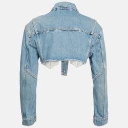 Balmain Blue Distressed Denim Raw Edge Crop Jacket S