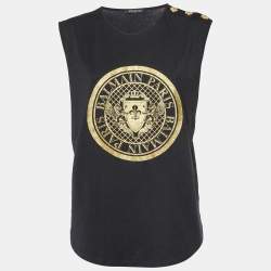 Pre Owned Balmain Black Logo Print Cotton Sleeveless T-Shirt L
