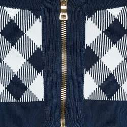 Pre Owned Balmain Blue/White Checked Stretch Knit Zip-Up Crop Top S