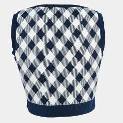 Pre Owned Balmain Blue/White Checked Stretch Knit Zip-Up Crop Top S
