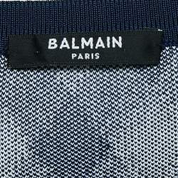 Pre Owned Balmain Blue/White Checked Stretch Knit Zip-Up Crop Top S