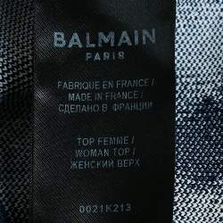 Pre Owned Balmain Blue/White Checked Stretch Knit Zip-Up Crop Top S